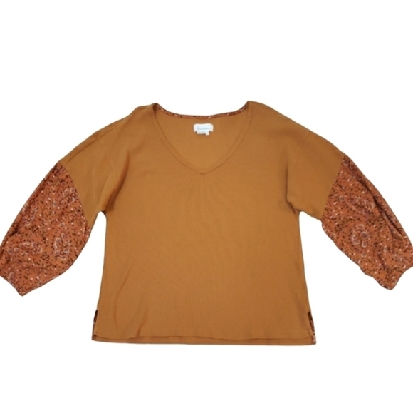 Antropologie Samia Orange/Brown Blouse Textured Cotton Top Blouse V-Neck Size L. - Picture 1 of 9